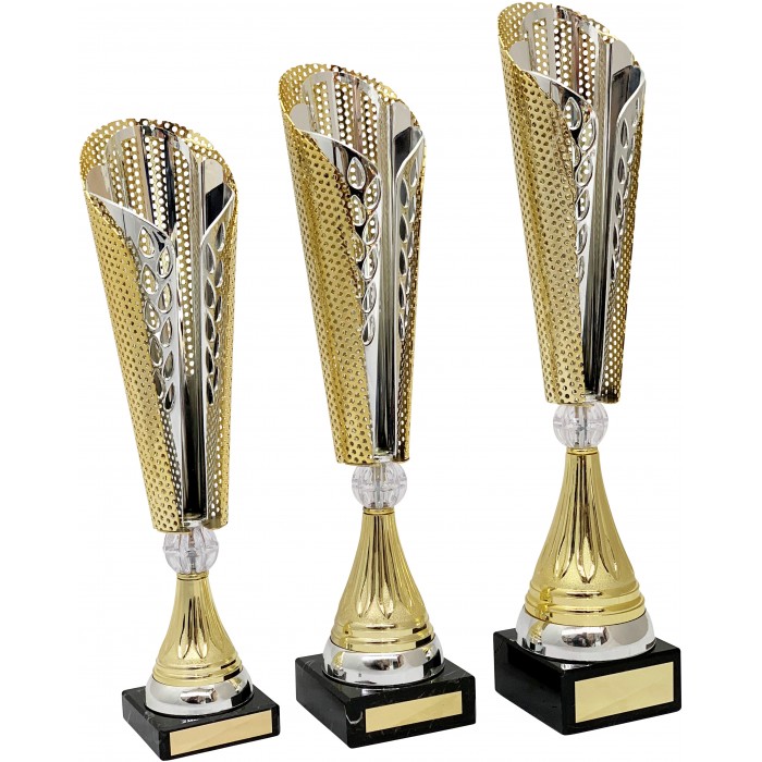 STUNNING METAL GOLD AND SILVER CONICAL TROPHY CUP AVAILABLE IN 3 SIZES
